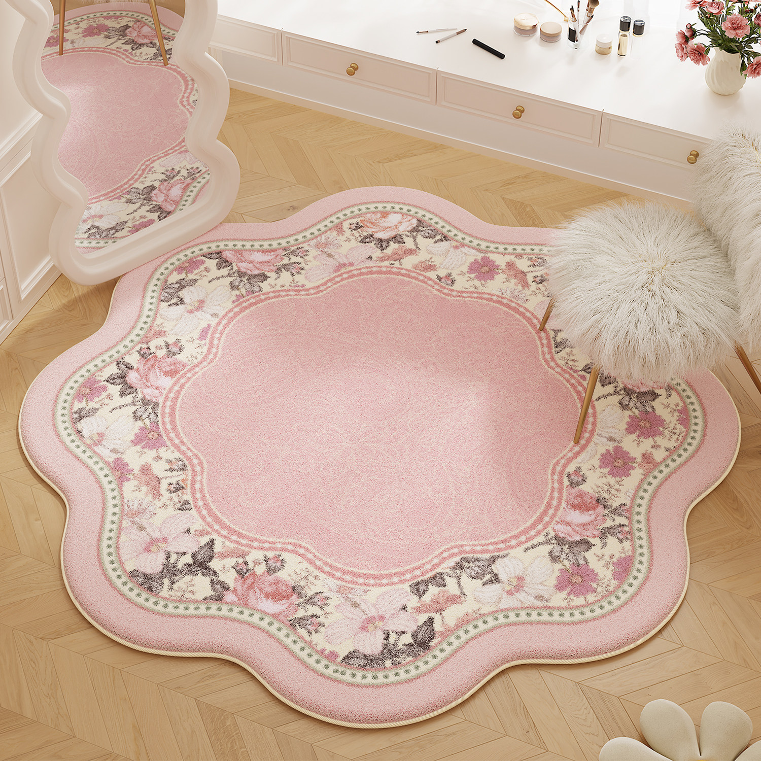 Home Made Bathroom Vanity - VIKAMA American Pink Floral Rug, Unique-Shaped